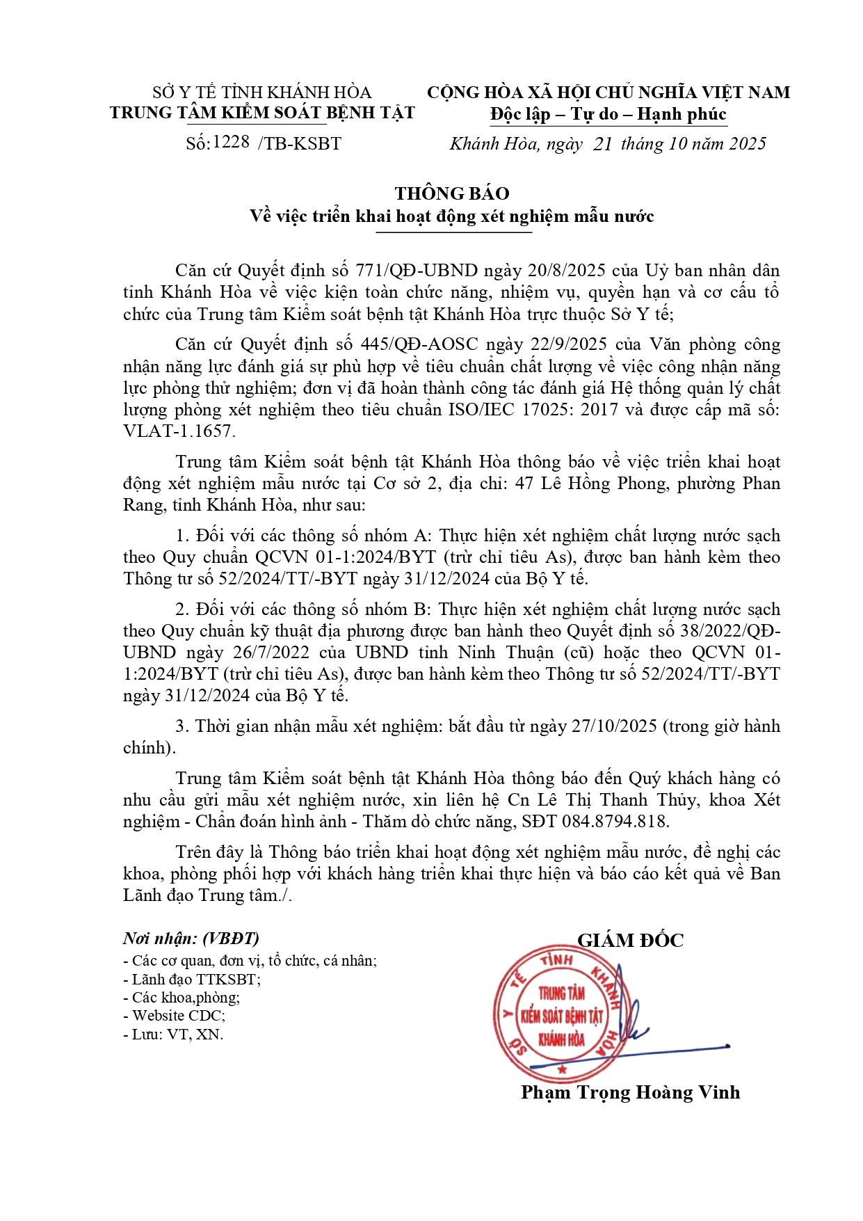 Thông báo về việc triển khai hoạt động xét nghiệm mẫu nước